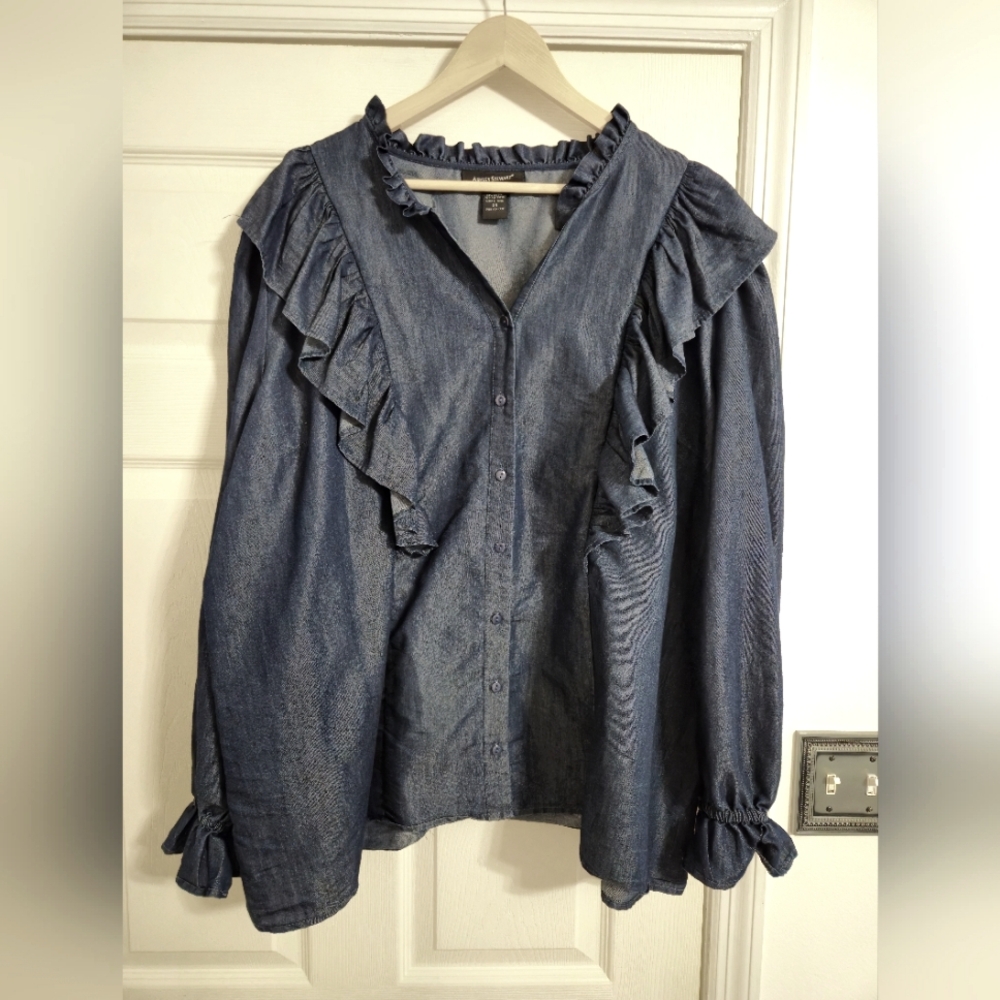 Ashley Stewart blue ruffle front shirt button front western casual size 24